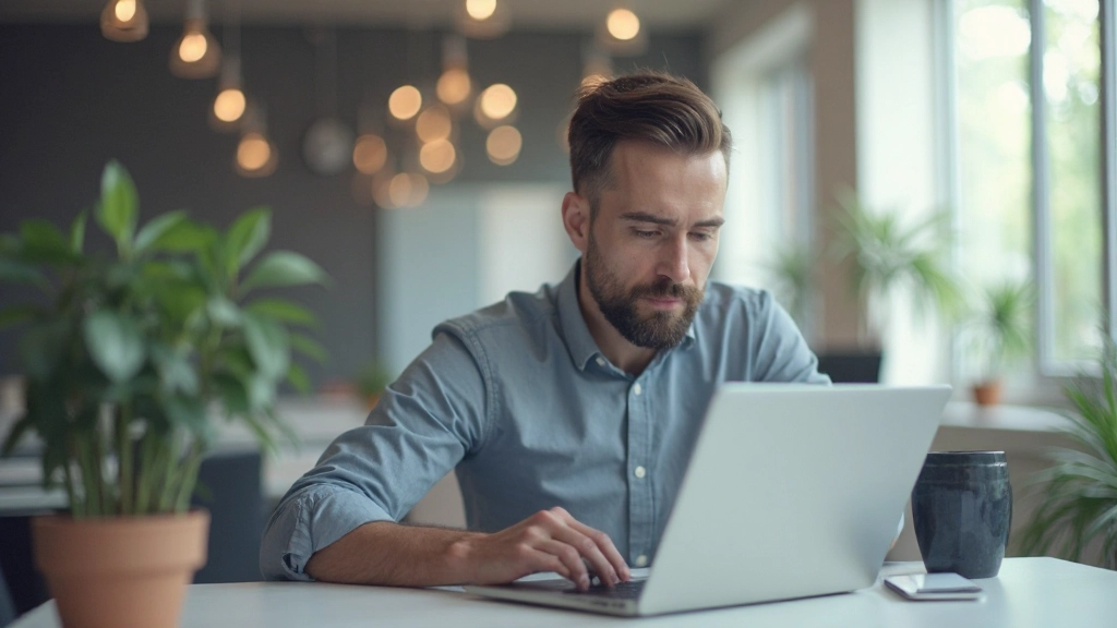 Профессиональный мужчина работает на ноутбуке в офисе