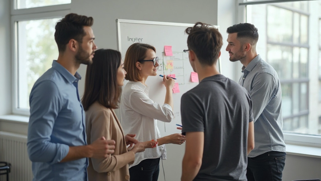 Команда специалистов планирует проект на доске со стикерами и схемами