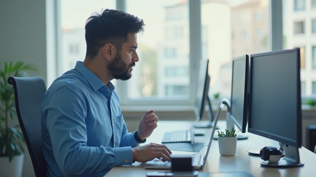 Специалист работает с цифровыми технологиями на современном рабочем месте