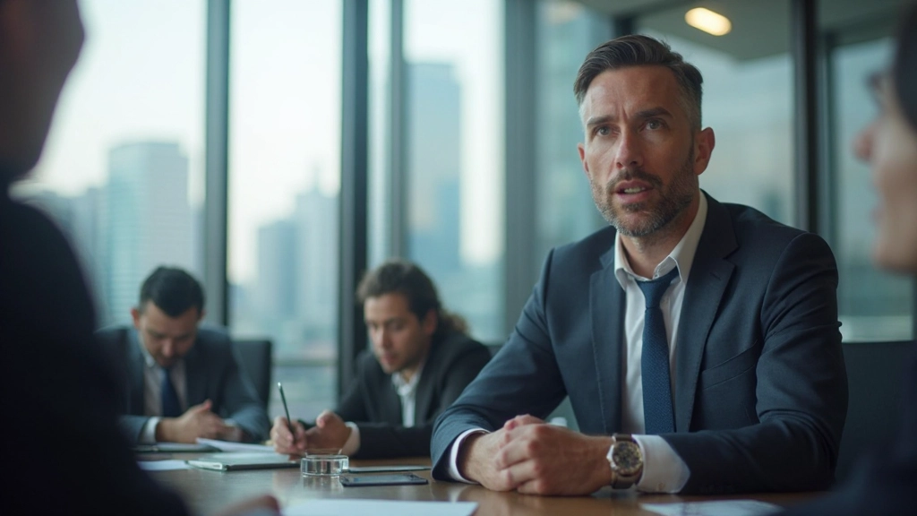 Профессиональный лидер проводит встречу команды в современном офисе с видом на город через окна