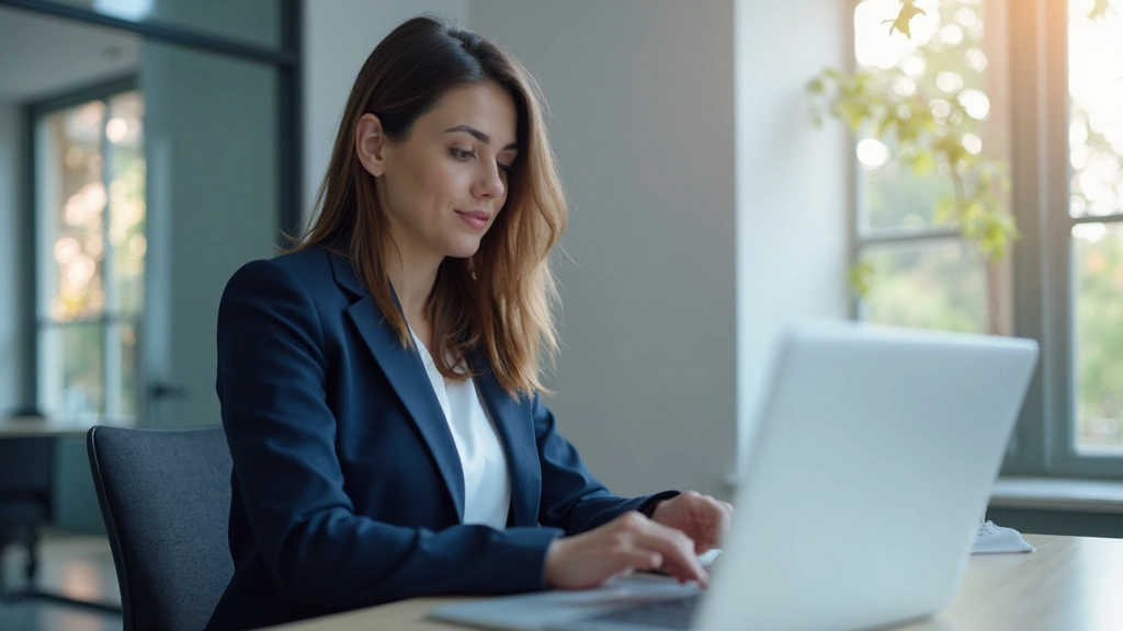 Профессионал работает за современным ноутбуком в офисе, анализируя данные на экране, естественное освещение окна