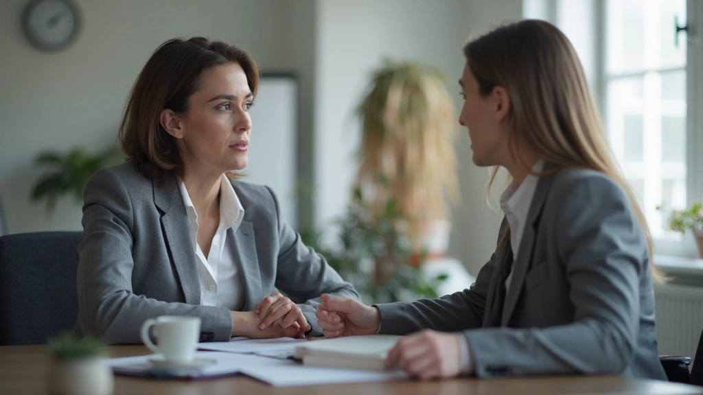 Двое профессионалов ведут переговоры за столом в офисе, внимательно слушают друг друга, формальная атмосфера